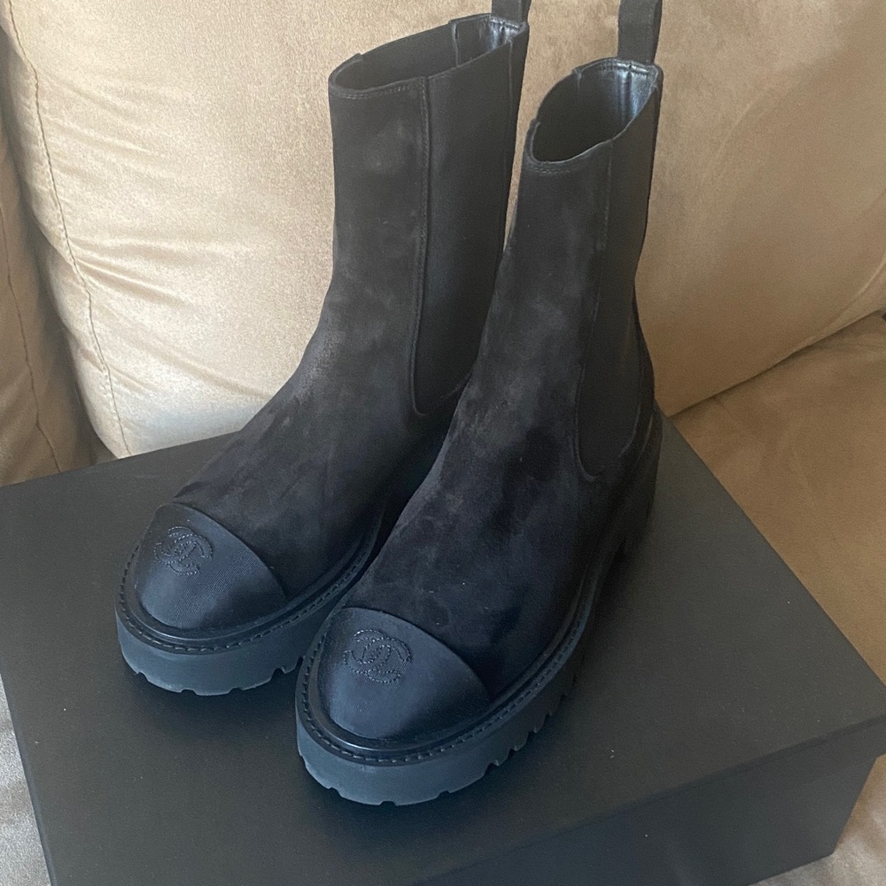 Black suede Chanel Combat Boots